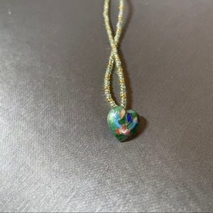 Champleve Seed Bead Green Blue Heart 9” Necklace